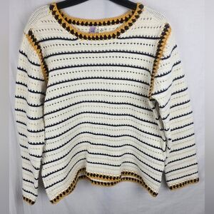 Alya Striped Cream and Navy Crochet Yellow Accent Long Sleeve Sweater Sz M
